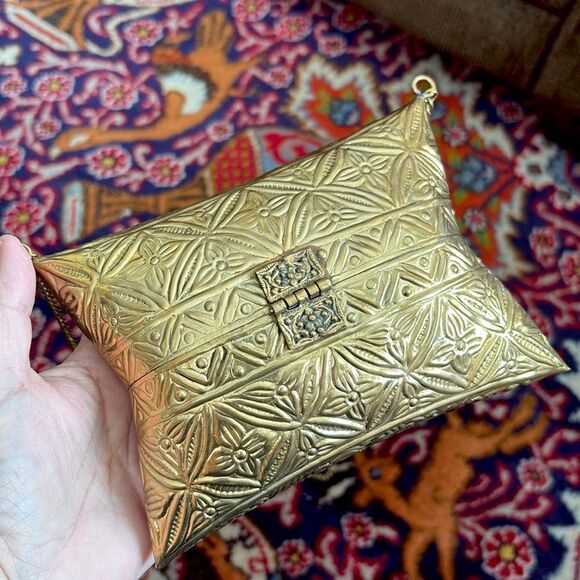 Brass Handcrafted Boho Pillow Shaped Evening Bag w/ Crossbody Chain Strap - Picture 7 of 15